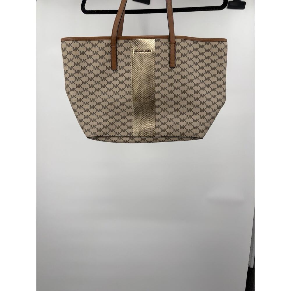 Michael Kors L Signature Striped Tote natural Brown Khaki Emry Metallic Gold